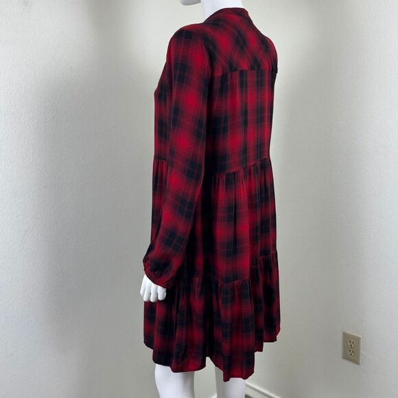 Knox Rose Womens Size M Red Plaid Long Sleeve Tiered Button Down Mini Dress - Picture 6 of 13